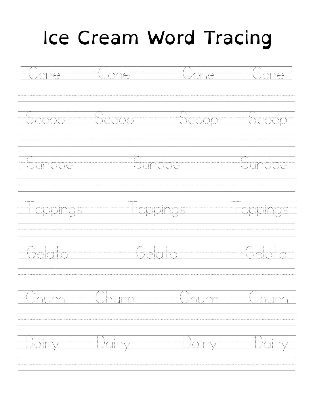 Printable Ice Cream Word Tracing Page  Handwriting Practice  8.5 x 11 inches  PDF