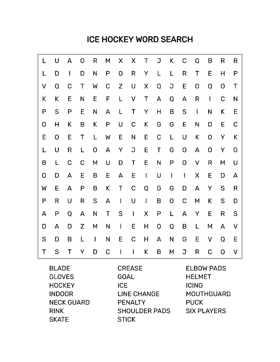 Printable Ice Hockey Word Search Page With Solution  16 x 16 Grid  8.5 x 11 inches  PDF