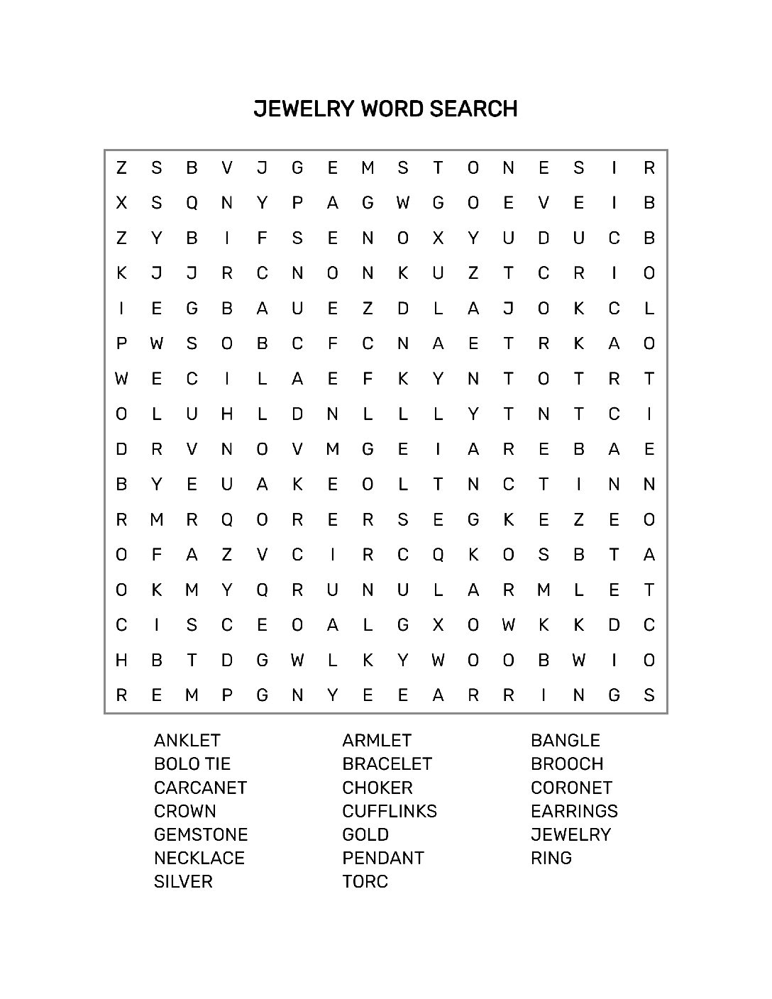 Printable Jewelry Word Search Page With Solution  16 x 16 Grid  8.5 x 11 inches  PDF