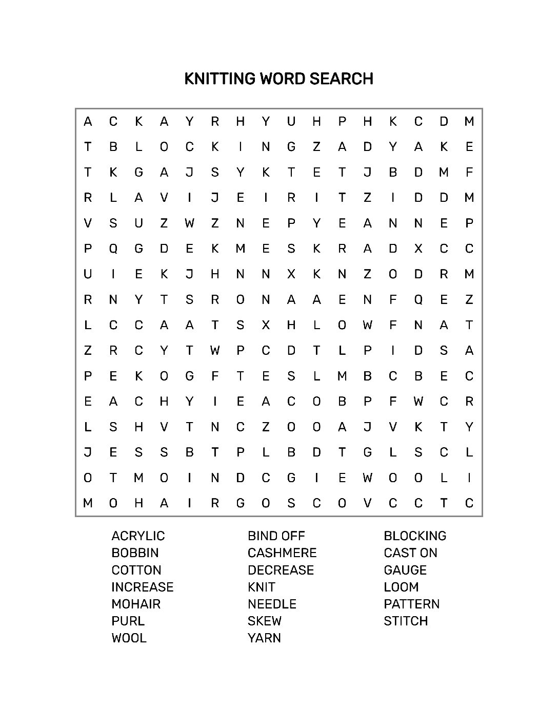 Printable Knitting Word Search Page With Solution  16 x 16 Grid  8.5 x 11 inches  PDF
