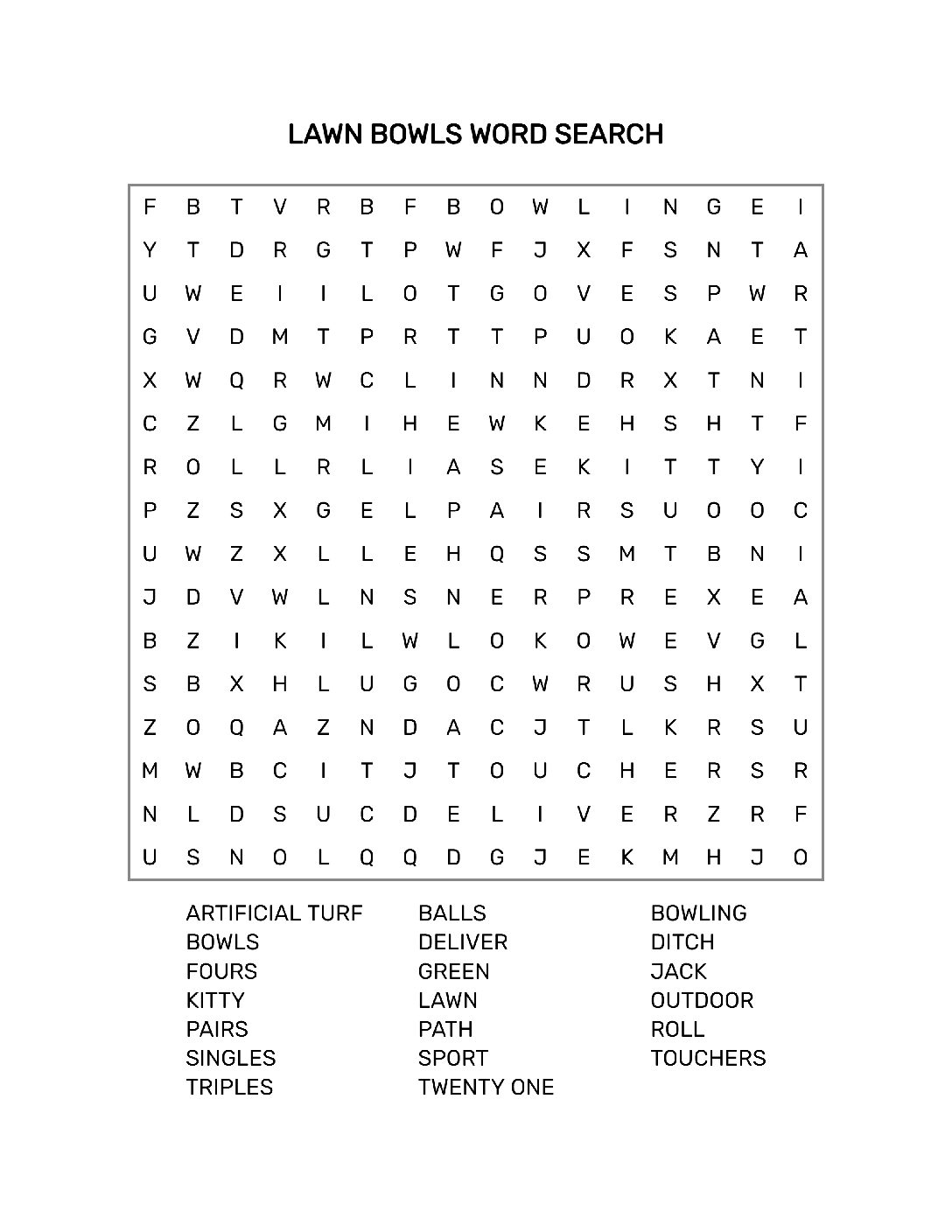Printable Lawn Bowls Word Search Page With Solution  16 x 16 Grid  8.5 x 11 inches  PDF