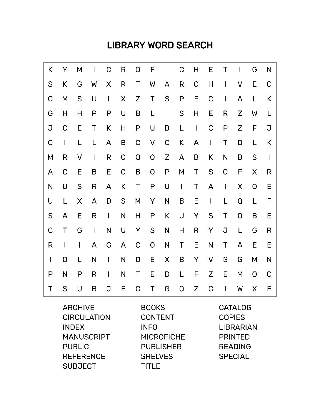 Printable Library Word Search Page With Solution  16 x 16 Grid  8.5 x 11 inches  PDF