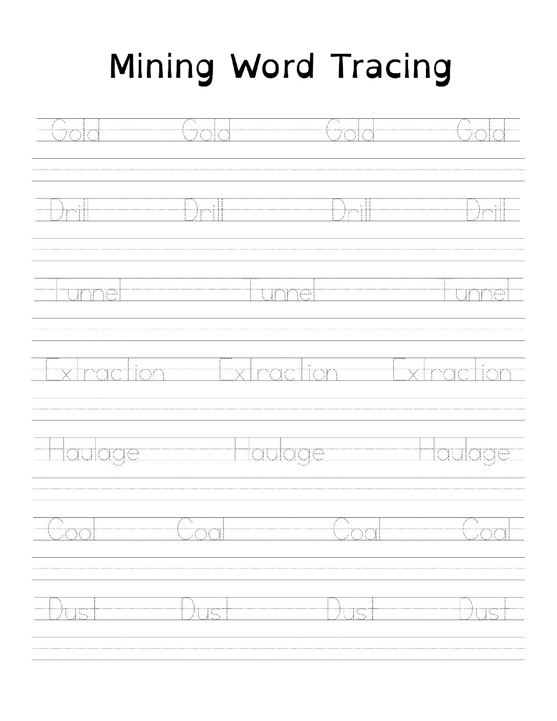 Printable Mining Word Tracing Page  Handwriting Practice  8.5 x 11 inches  PDF