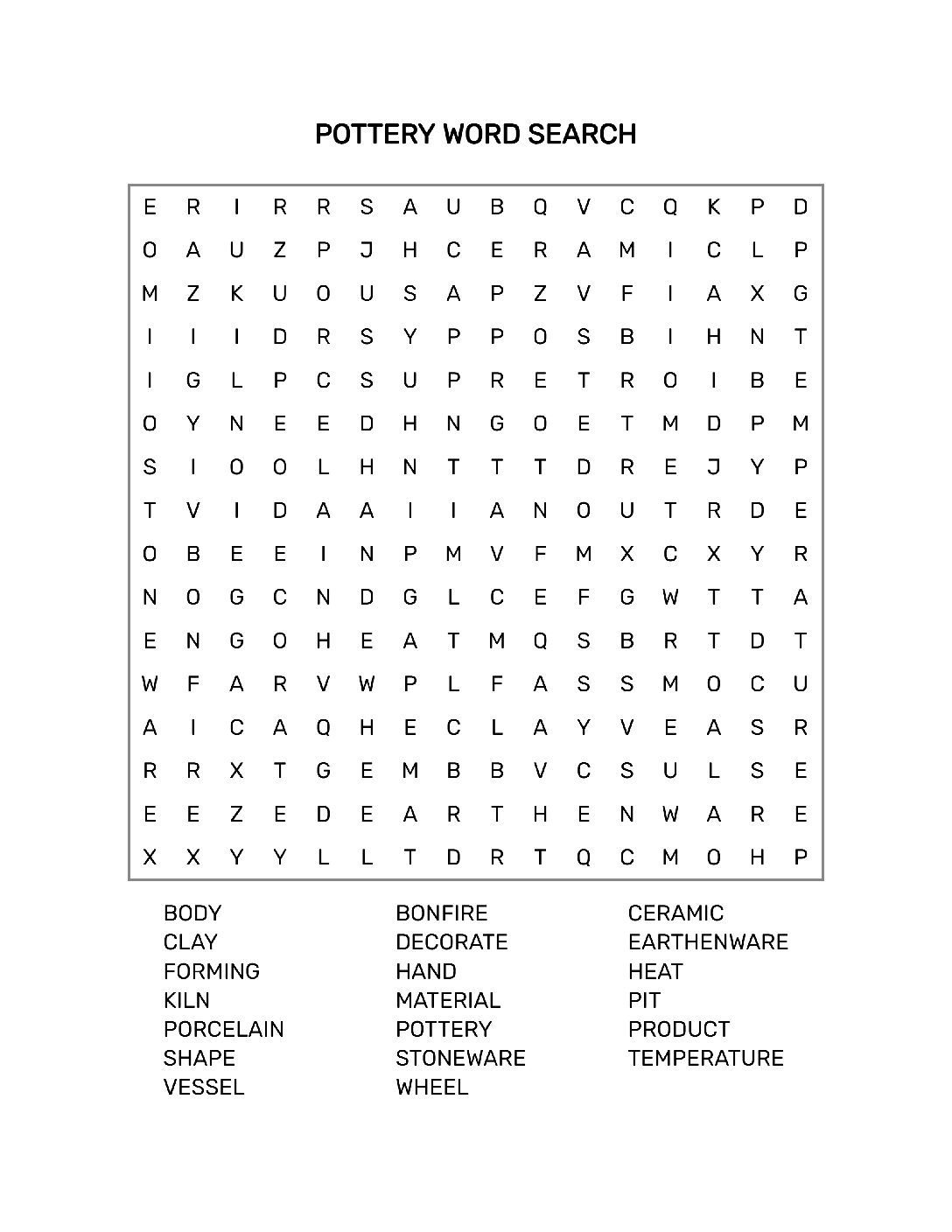Printable Pottery Word Search Page With Solution  16 x 16 Grid  8.5 x 11 inches  PDF