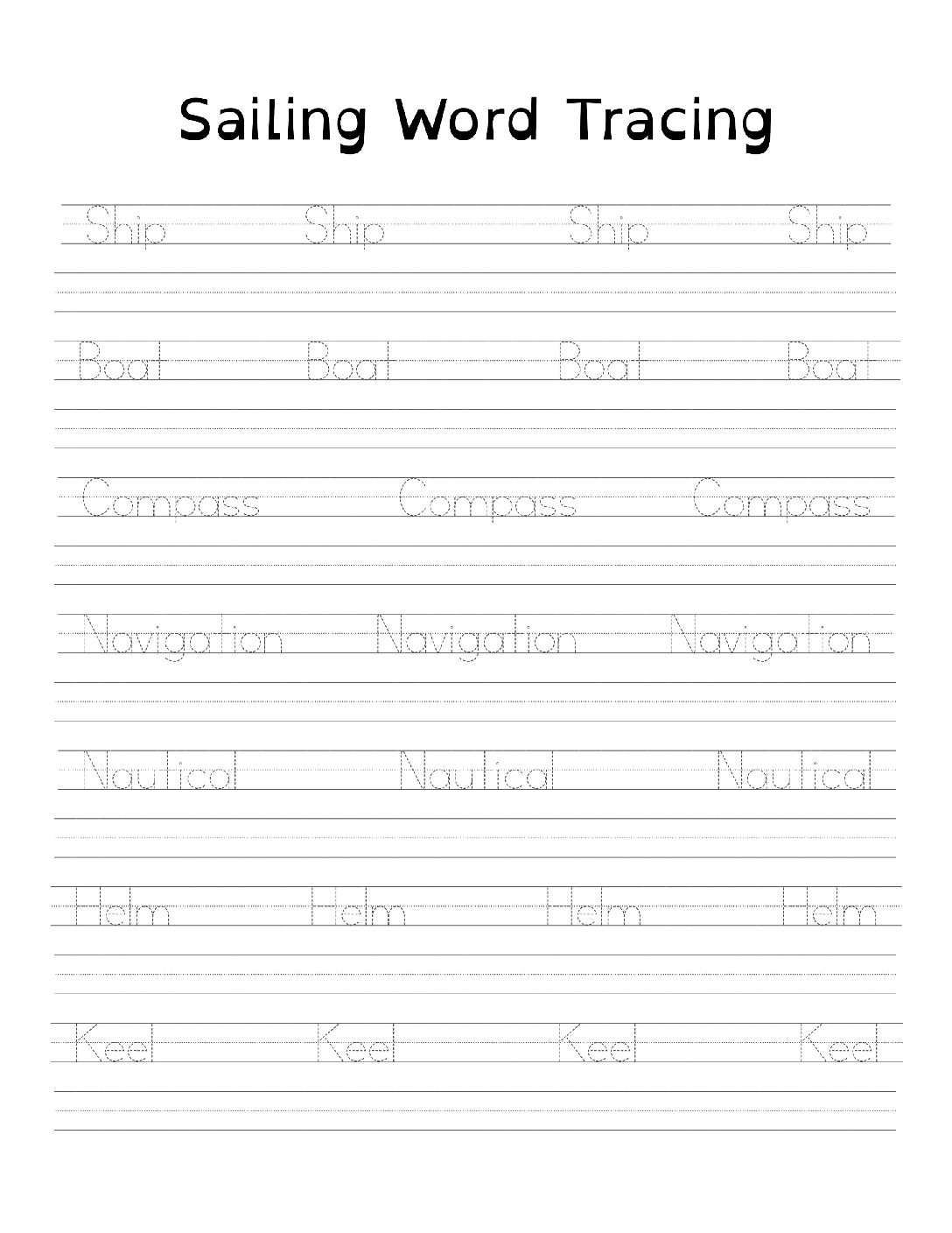 Printable Sailing Word Tracing Page  Handwriting Practice  8.5 x 11 inches  PDF