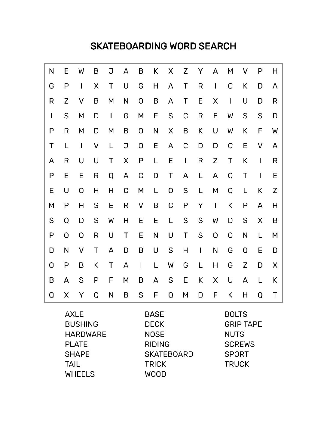 Printable Skateboarding Word Search Page With Solution  16 x 16 Grid  8.5 x 11 inches  PDF